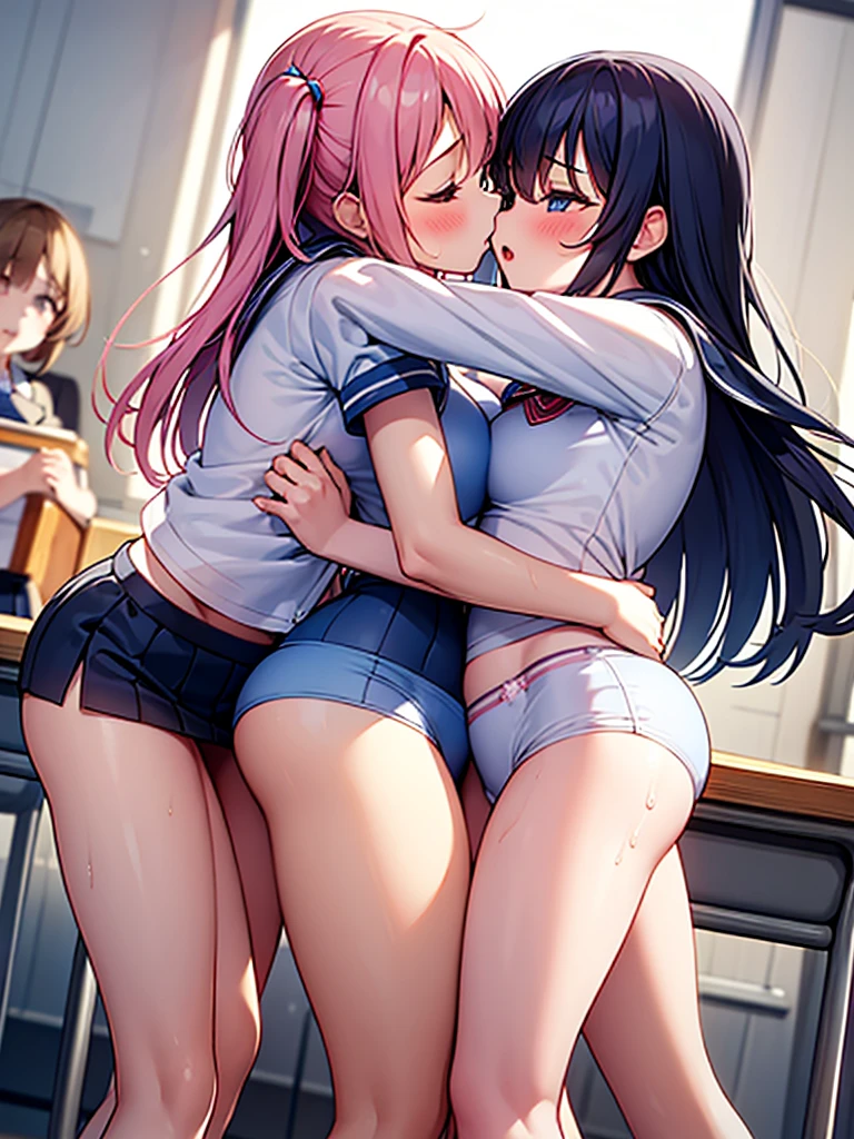 ultra detailed,8k, [ 4k digital art ]!!,anime girls,(school uniform:1.2),bow tie,pleated checked skirt,navy socks,loafers,naughty undies,curvy body,2girls having sex on bed at spacious messy room,messy room,school bag,condoms,bukkake on buttocks,excessive cum,(happy and ahegao:1.2),thick thighs,revealing clothes,cum on floor,peace sign,dildo in pussy