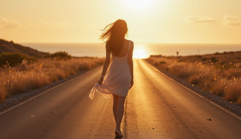 (heat haze:1.4), a girl wearing summer outfits and straw hat, walking in road mirage, mirage, The heat causes the air to fluctuate, making the landscape or the figure of a person appear distorted Swayingly, Diffuse reflection of sunlight, asphalt road in summer, sweltering hot summer