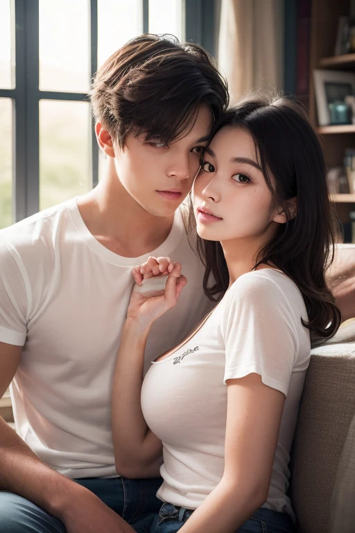 a young man and a woman,Wear underwear,The man's hand caressed the woman's chest。Intimate action。top-quality、超A high resolution、ultra-realistic realism、reallistic、RAW photography、8K images