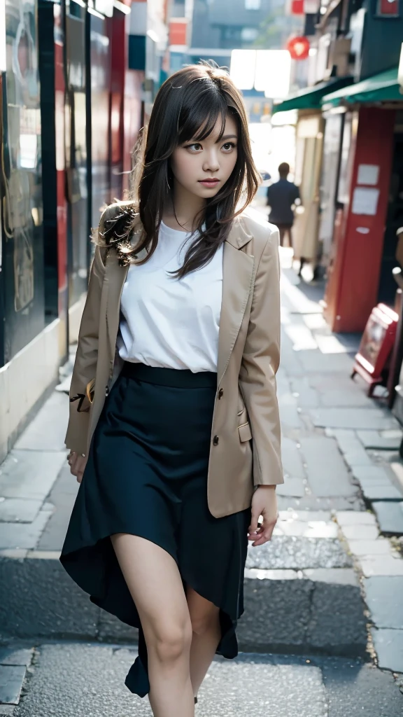Jessica Henwick, brown coat, white t-shirt, tight black skirt, black socks.