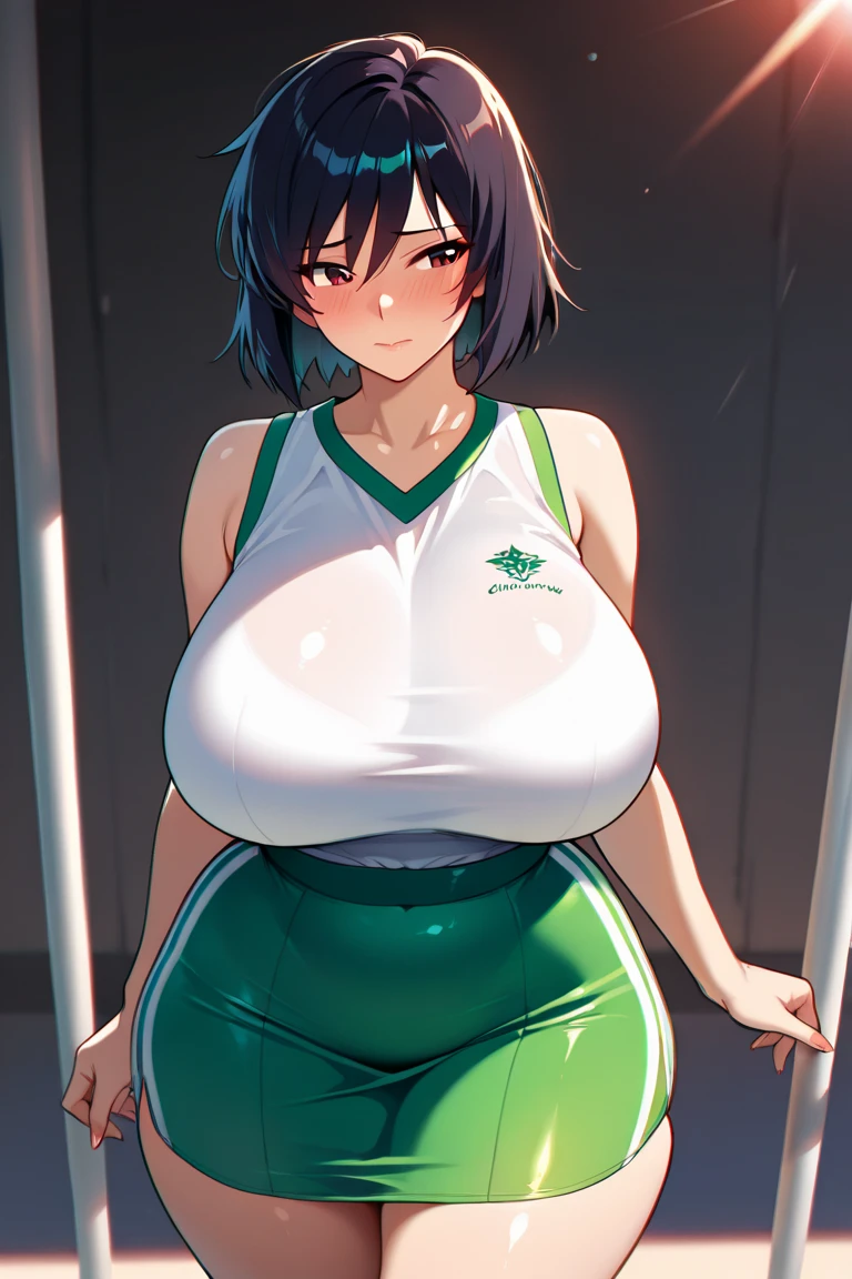 Toph has large breasts showing and is wearing sport clothes and she is sweating and she has a cute face and she is 18 years old and she has a large boob hole