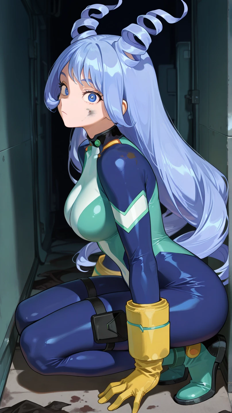 hadou nejire, boku no hero academia, , 1girl, blue eyes, blue hair, , , breasts, bright pupils,, huge  breasts,  , , long hair,, , solo, thigh gap, very long hair, blue bodysuit, green bodysuit, yellow gloves, bodysuit , sexy , <lora:hadou_nejire-000010:1>, cameltoe,  angry expression, sexy ass   , curves , sexy body , covered nipples , on one knee , on floor , closed mouth ,
