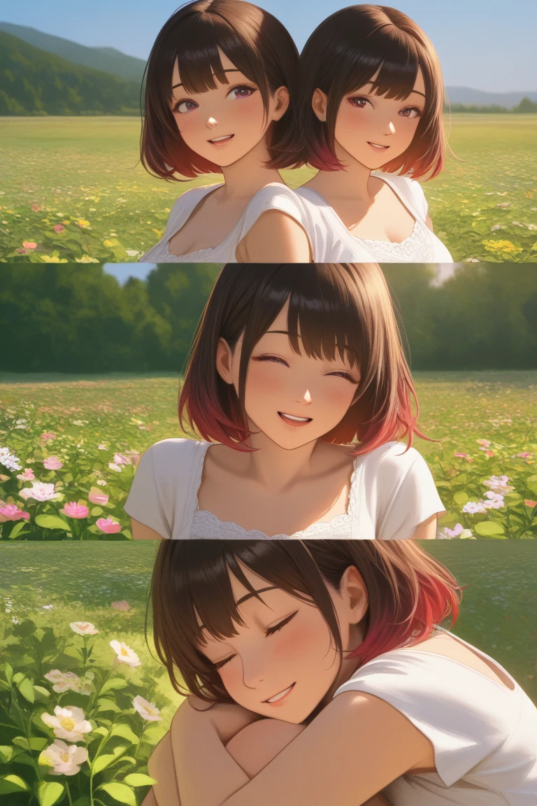 nude girl, short hair, brown hair, daisy charm on head, lying on grass, smiling, cute face, cute eyes, young, arms behind head, lying, outside on grass, nature, field, ((side view))