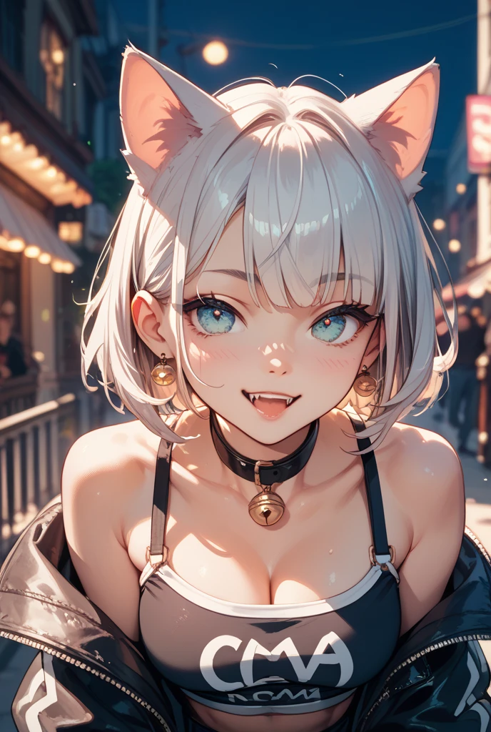 1 girl, White elf girl, Beautiful woman pink twin tail long hair、short clothes in cyberpunk style、Put on cat ears、Glaring at the Viewer、facing forward、A slight smile、beach、Palms shoulders show. Fishnet fabric, round chin shape. wear a black hood over your hair. shows the entire upper body and face. wears a black hood, lots of flairs in the background, zoomed out, Black and white. glowing,