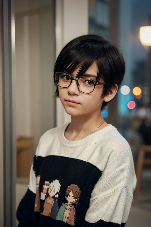 The boy's name is Nobita, he's a boy, his hair is short but messy (which creates his cuteness and good looks), he comes from Japan, wears round glasses, his eyes are small, his nose is flat but cute, he's about to cry, he wears a short yellow shirt. his eyes are small, his eyeballs are small, he is not handsome, but cute, he is around 12 years old, he is about to cry, his clothes are bright yellow, many say his face is like the faces in old comics. 