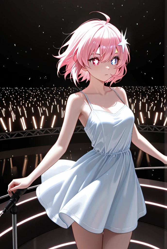 (adult girl, assertive, badass, sexy, seductive, erotic, confident, bossy:1.3), (pink hair, cut hair, pink eyes, half closed eyes, half open mouth:1.3), (athletic body, pumped up legs, medium breasts:1.3), (hands raised up, hands behind head, armpits:1.3), naked, nipple