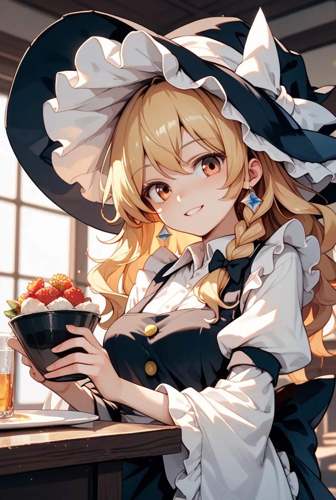 (masterpiece, high quality), 1girl, solo, (eating cake), kirisame marisa, witch hat, hat bow, black vest, white sleeves, sleeves past fingers, blonde hair, short hair, black eyes, :3, yuh, <lora:yuh03:0.9:INS,MIDD>