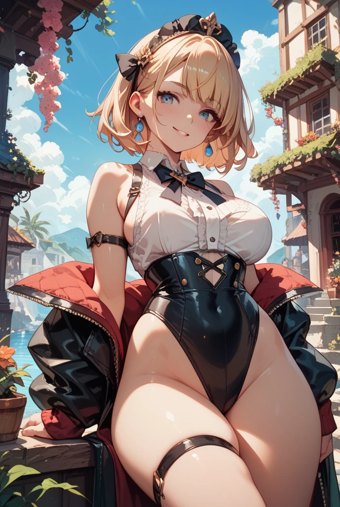 GRANBLUEfantasy,1young_teen_ girl,brown_hair,medium_bob_hair,platina_blond_hair,white_leotard,covered_crotch,thigh-highs,smile,standing,bluesky_landscape_background,slightly_spread_legs,happiness, short_gloves ,solo, r18, navel,relicbuster,short,boots,