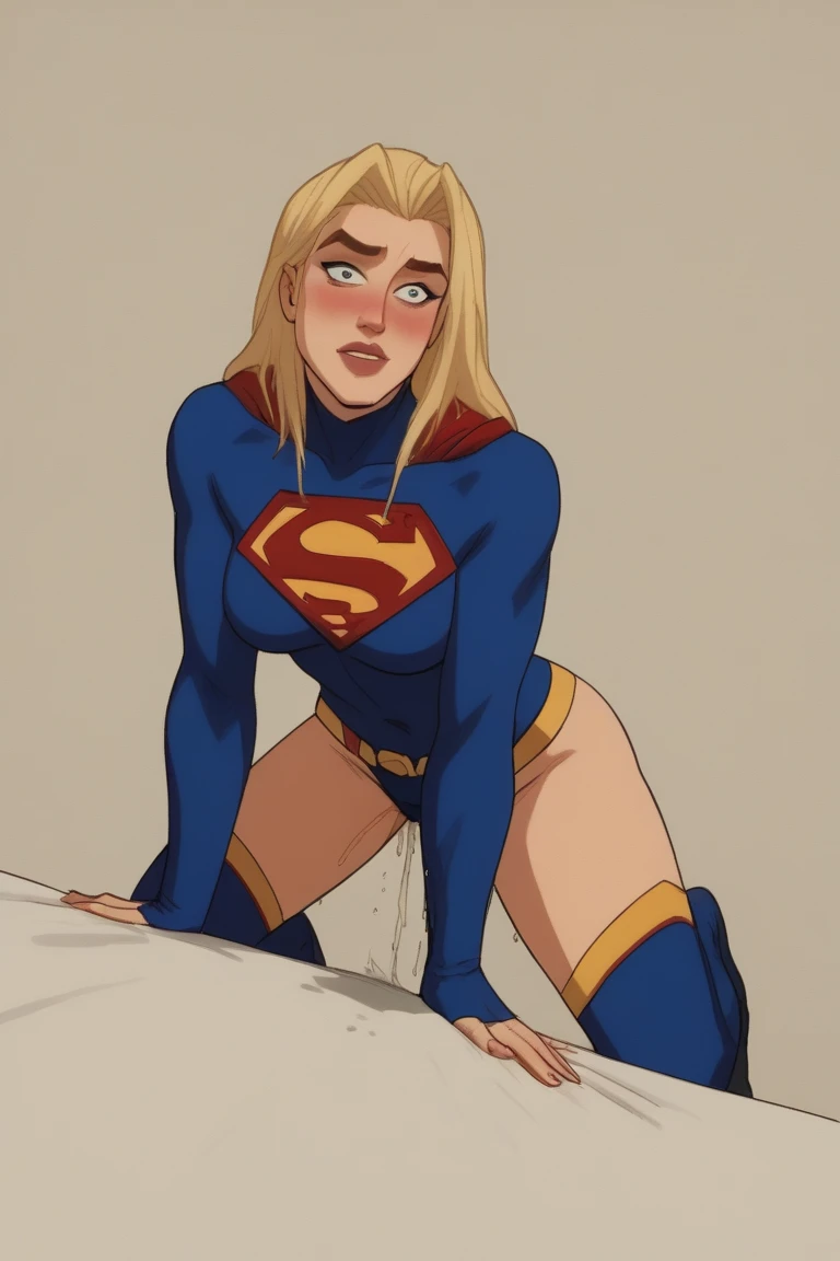 Supergirl, blue superman suit,crystalblueeyes, blonde long hair, standing, looking to camera, vaginal sex pov