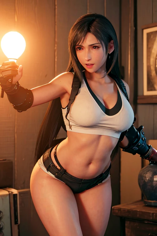 (realistic: 1.4), highest quality, very delicate and beautiful, High resolution, 1 girl, Tifa_lock heart, cowboy shot, suspenders, low rise, mini skirt, Tank top, nervous shirt, black hair, long hair, elbow bag, beautiful detailed red eyes, face light, movie lighting, belly button, High exposure, exposure of the abdomen, rib, abs, big breasts, dynamic pose, dynamic angle, (abs:1.3), (muscular:1.5), both arms behind head, spread legs, squatting, (ahegao:1.5), visible tongue
