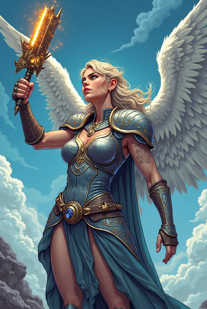 glorious victory scene,vivid colors,beautiful vintage warrior woman with very big white open wings,beautiful angry face,curly long hair,wielding 1 sword in defense position, white armor with gold embroid details, dynamic pose, storm sky and lightning clouds background