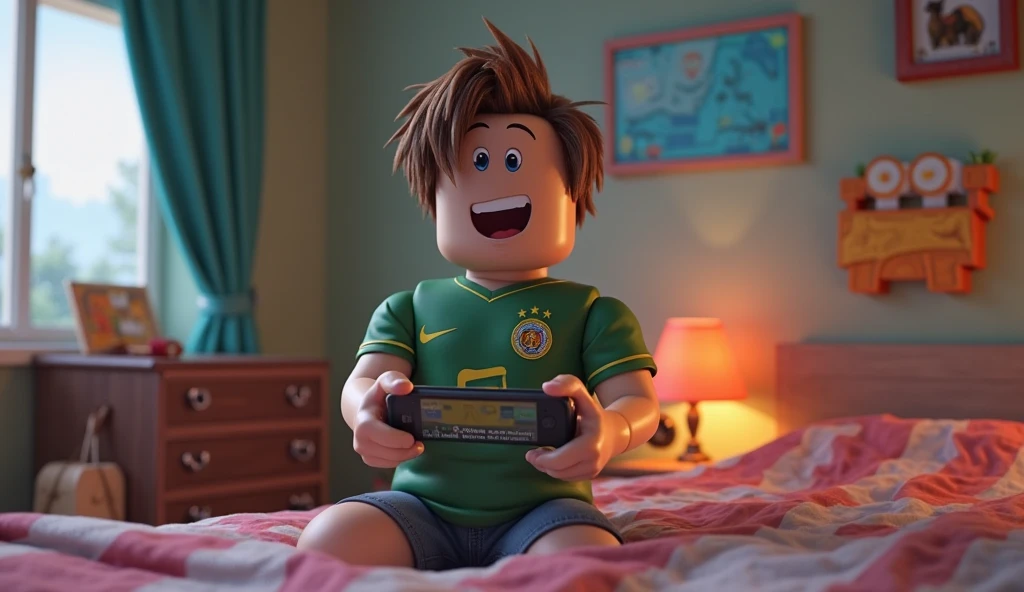 Por favor, I draw a 15 year old boy, Fluminense fan, hairy, with green eyes, playing video games on the living room couch, eating fries while farting