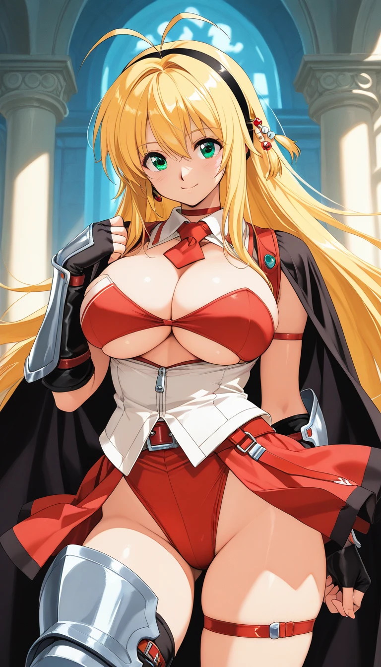kneeling, dress, red bikini, (luxury livingroom background), Satellizer L. Bridget, takeda hiromitsu style, anime cels style, best quality, high resolution, (huge breasts:1.2), beautiful face, cowboy shot, blush, smiling, (puple eyes), blonde hair, long hair, blue eye, blue headband