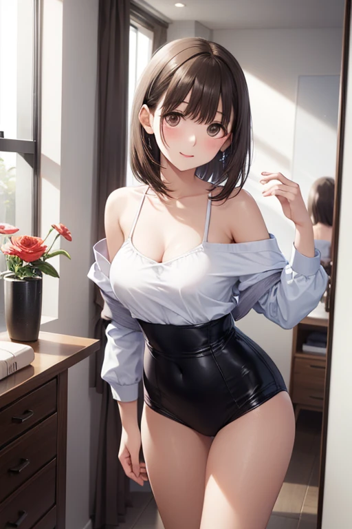 A high resolution,High- sharpness,chineseidol,Urban female high school student,short detailed hair,Warm smile,Big bright eyes,Cute and gentle round face,Delicate makeup,Flawless white skin,Moles in the corners of the eyes,good body,Stretching limb exercises,vivaciousness,Energetic,Full of vitality,Suspenders,Board shoes,Cheerful personality,Have pets,Delicate hands