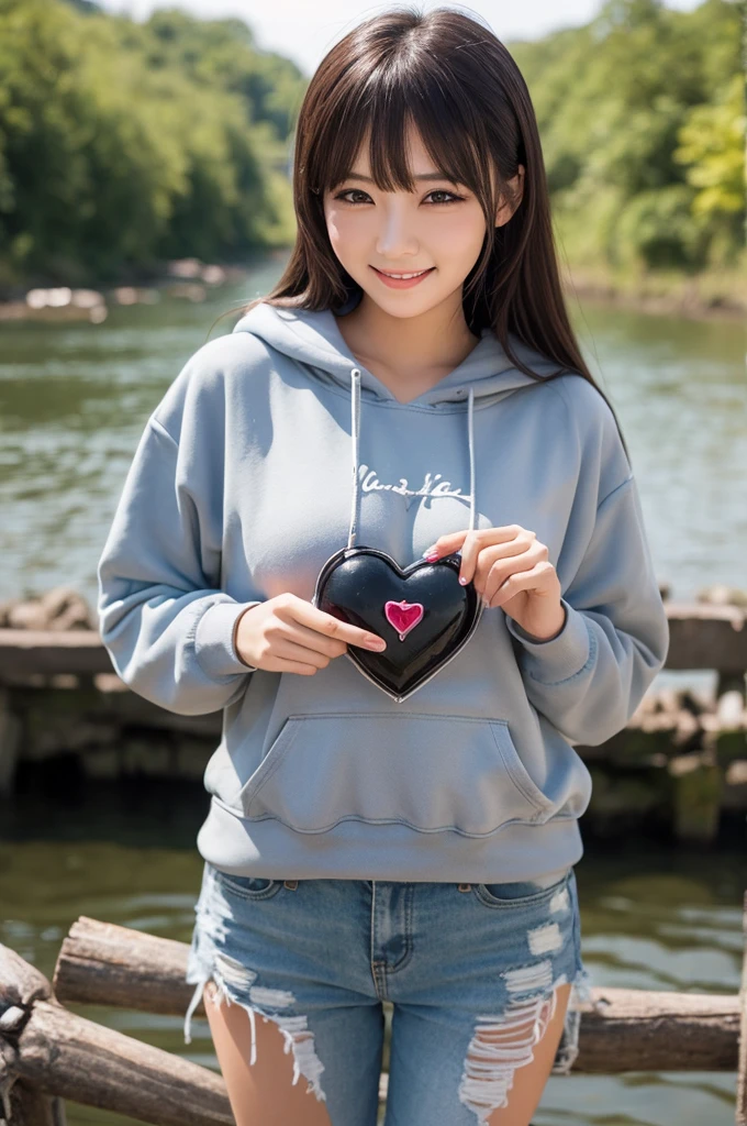 Masterpiece, 4K, bokeh, 55mm, F=1.2, Beautiful girl, (Japanese idle:1.6), (Cat ears:1.3), Light brown eyes, soft hair, (The background features soft light particles and subtle bokeh effects:1.6), Looking at the viewer, Closeup, Hold heart shaped baloon, (Pink and brack and white cow pattern hoodie:1.4), (many Big Heart-shaped balloons:1.6), from below,