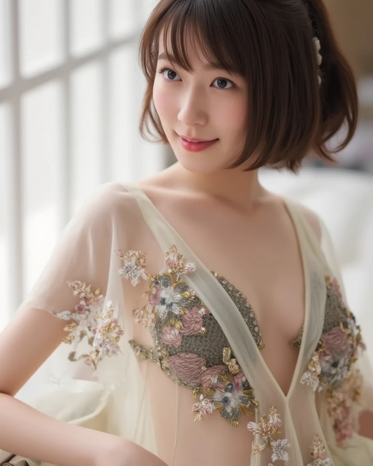 Nipples, ((Pearl White Lingerie))、(((masterpiece, Highest quality)), 1 girl, (Realistic: 1.4), alone, White color background, Dark brown hair, ((Blunt bangs))、princess_cut、short hair,smile、 ((whole body)), Very beautiful woman、Slender women、(Detailed face)、Realistic Skin、((Delicate photo)),(少女masterpieceRAW写真詳細:1.25), (Highest quality:1.6), (Ultra-high resolution:1.5), (Realistic:1.75),8k resolution, ,50mm,Absurd, Very detailed,Cinema Lighting、((((Lots of flowers))))、((Flower Art))、