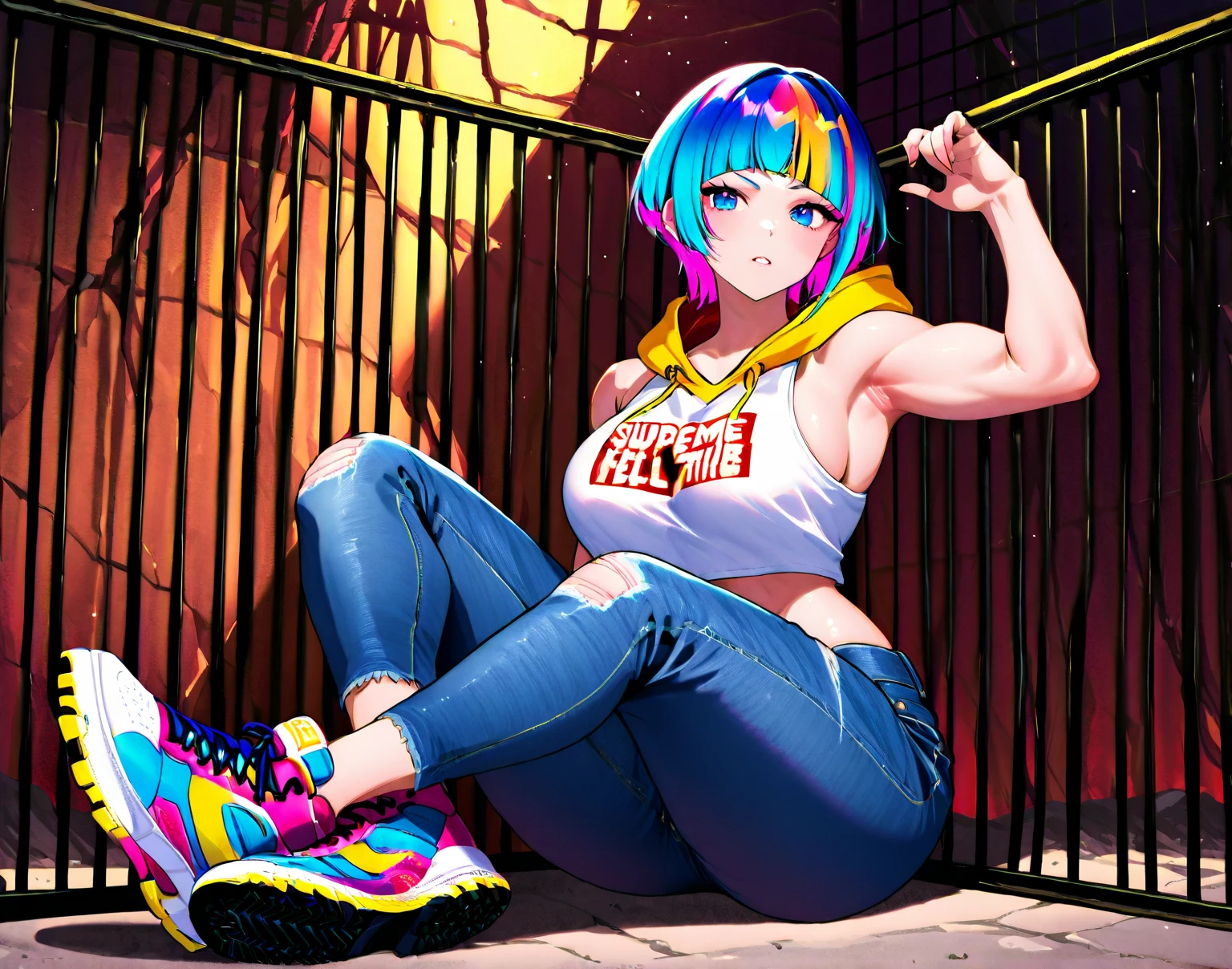 (4k, masterpiece:1.2, best quality), (graffiti wall:1.15), 1lady, beanie, jacket, Leggings, blue eyes, fullbody, pregnant underbelly