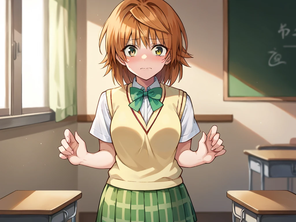 irohaisshiki, Iroha Isshiki, short hair, Brown Hair, (Brown eyes:1.5), happy smile, smile, Open your mouth,smile,blush,Sweat,Wet Hair,Wet Skin,Wet clothes,True Summer,Clear skies,Daytime,I put my hands on the desk and look up,
break skirt, shirt, Short sleeve,ribbon, , Jacket, white shirt, socks, Plaid, Knee-high, Plaid skirt, black socks, So that the whole body goes into the illustration,
break indoors, classroom,
break looking at viewer,(Cowboy Shot:1. 5)
break (masterpiece:1.2), highest quality, High resolution, unity 8k wallpaper, (figure:0.8), (Beautiful fine details:1.6), Highly detailed face, Perfect lighting, Highly detailed CG, (Perfect hands, Perfect Anatomy),