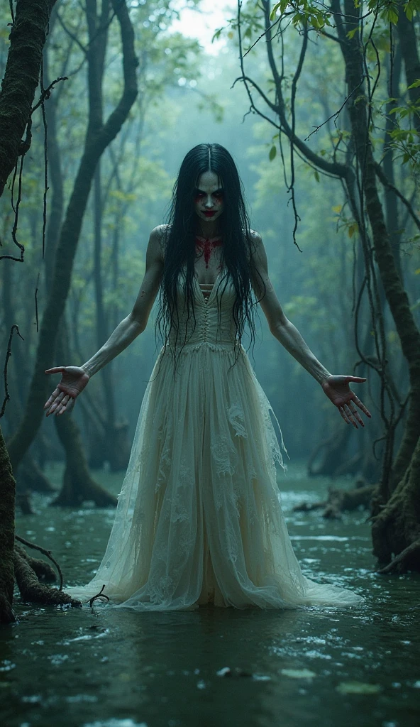 Photorealism 1.2 high definition women full  white dress  filthy dress long hair hanging at dead tree with hooks on shoulder smoke effect ugly scariest face blood Asian rain forest background dusk effect