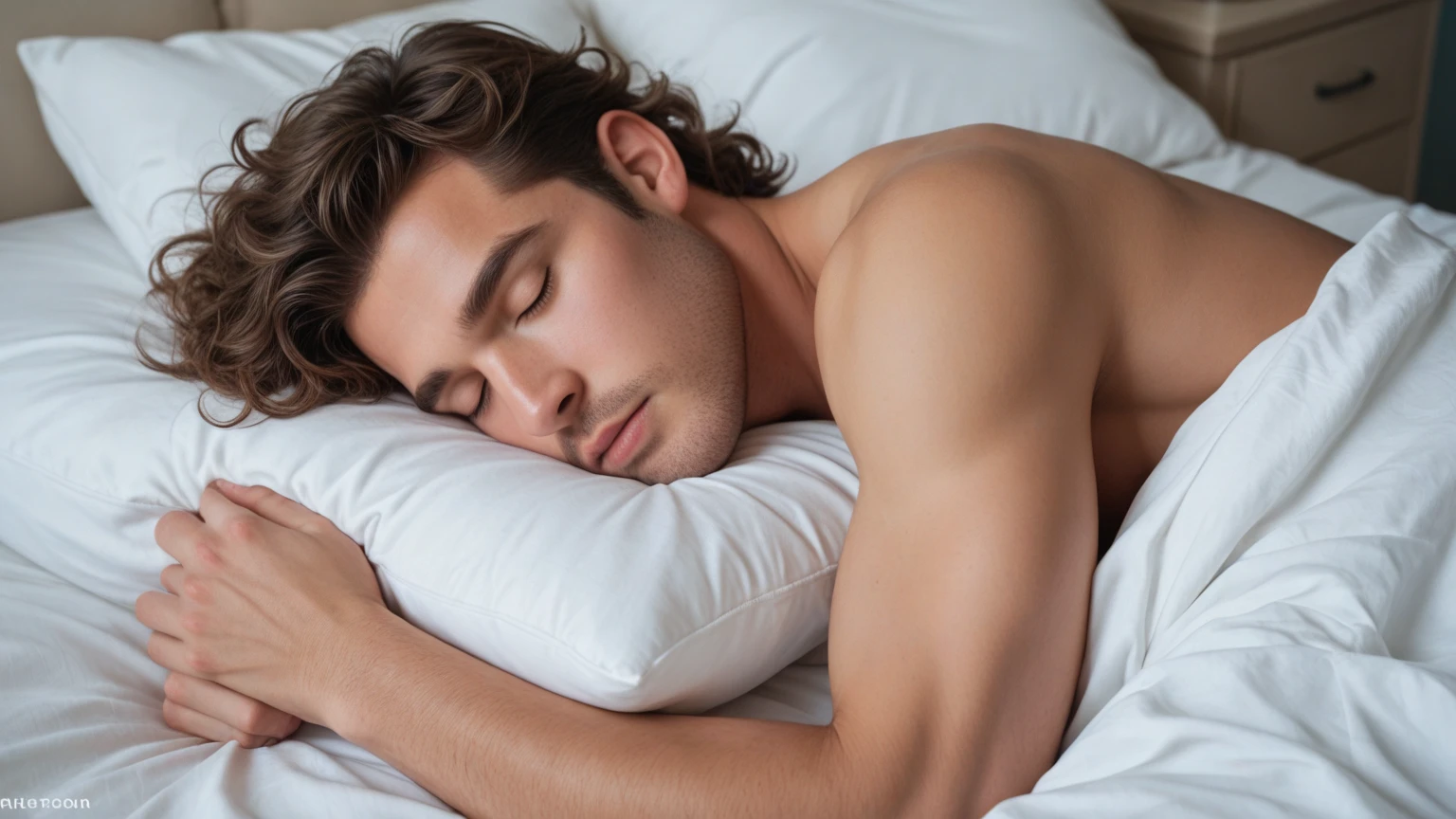 A man sleeping on bed, top view, head on pillow, realistic photoshoot, 8K, perfect anatomy, hyper realism