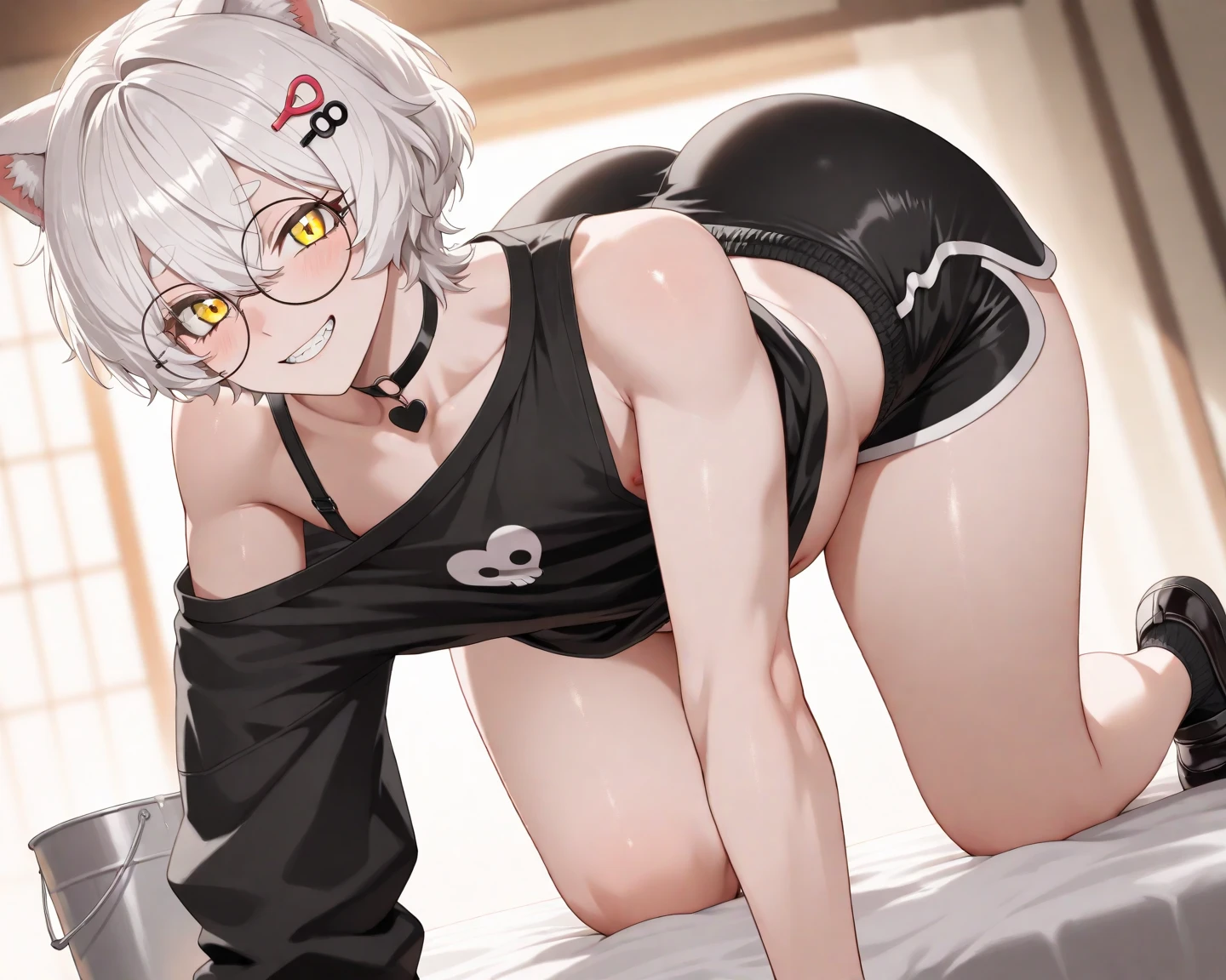 4K,High resolution,masterpiece,male性一人,black hair,22 years ago,thin chest,He is changing into a black bunny boy costume.,Rabbit ears hair ornament,shy,look down,maleの目線は下,embarrassing,blush,NFSW,R-18,exposed,~ side,buttocks, feet, big fishnet stockings,background/Bright locker room,gay,homo,portrait,(((male)))short hair,maleの体格,calm system,