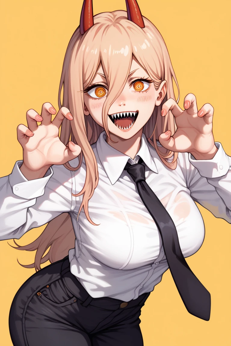<lora:kurenaiz_style:1> kurenaiz style, 1girl, large breasts, blonde hair, tongue, necktie, black pants, pants, white shirt, teeth, looking at viewer, leash, tongue out, black necktie, shirt, grabbing own breast, solo, sharp teeth, simple background, long hair, navel, open mouth, white background,