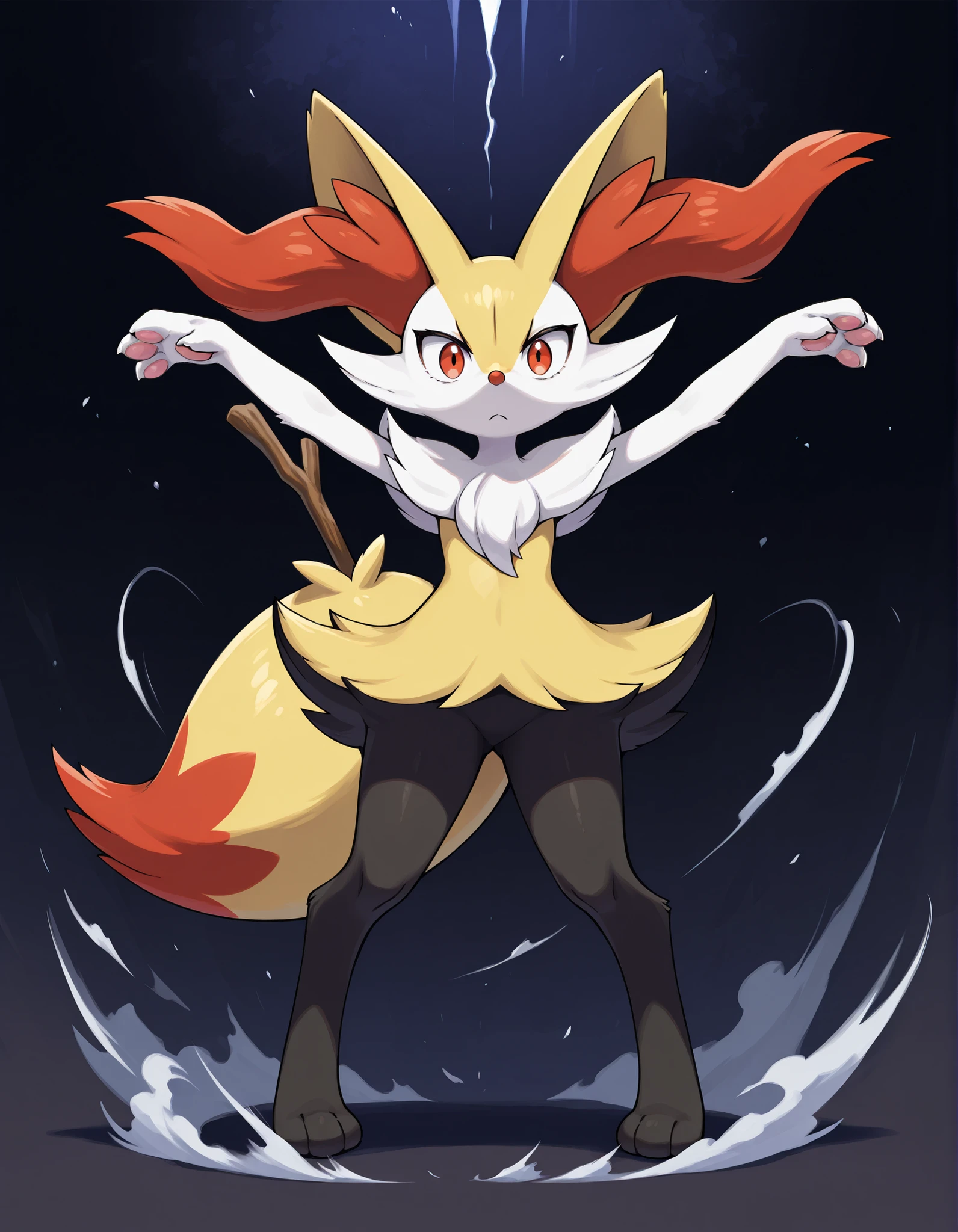 braixen_illust ,pokemon- (Creature), Death_pose, front view, arms up, hands fully open, legs spread, showing paws, looking at viewer, in the air, falling down, solo, surprised