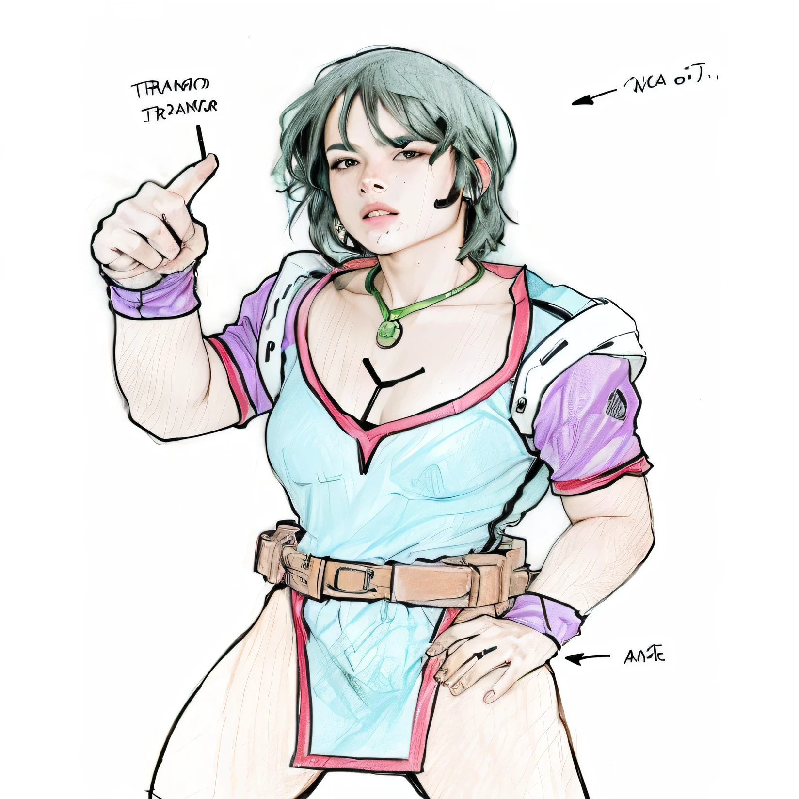 <lora:arakistyle-000006:0.3>,arakistyle,stand_(jojo),araki_hirohiko_(style),<lora:allenbyN2c:0.7>, allenby,1girl,solo,pink vest,(aqua hair1.2),blue bodysuit,cowboy shot,belt,yellow gloves,sleeveless,bare_shoulders,turtleneck bodysuit,