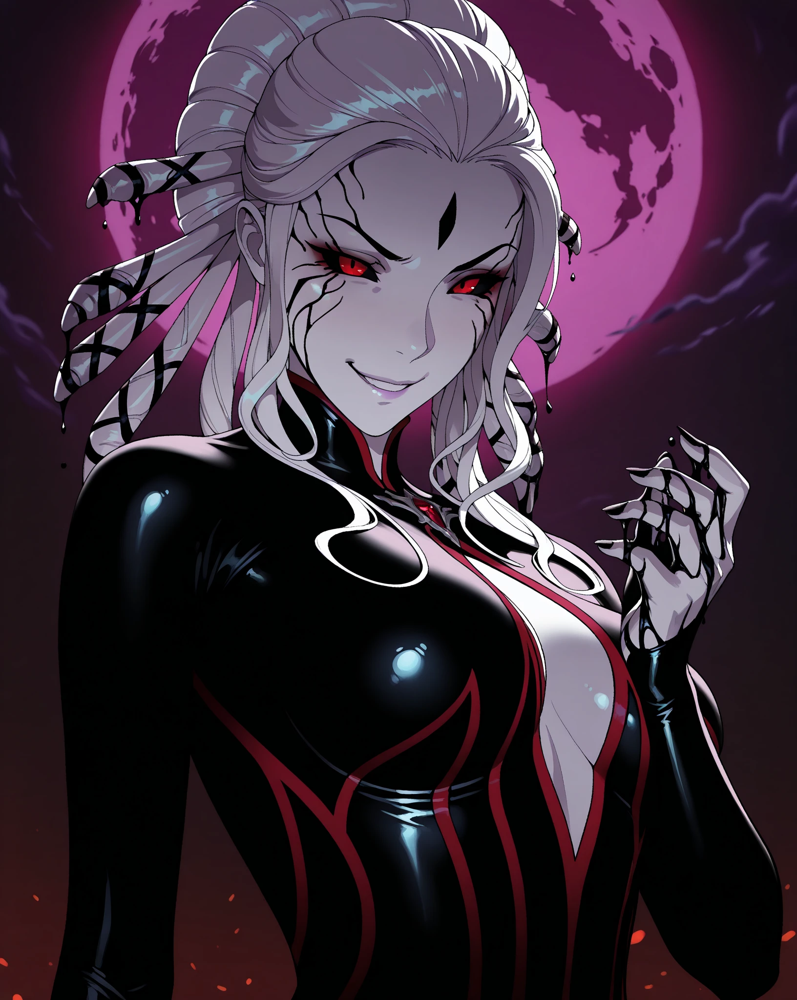 Ann Takamaki persona5 has a large face and a provocative expression. , full body, gentle illumination, 1 girl,，Look into the camera，will blush.，Portrait，long jeans seductive face, evil smile, Facing the audience Wear a white tank top with a cropped waist showing off your navel. Wear shiny black pants