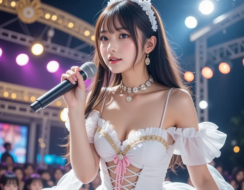 Princess Idol，Pure white wedding dress，tiara，bangs，15 years old，smile，Live Performance Venues，On stage，doggysttyle sex, virginal sex, standing，NSFW
