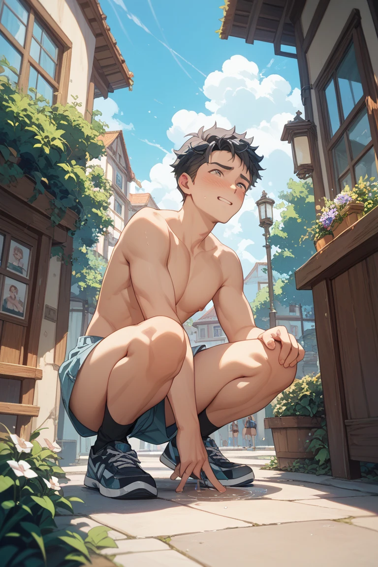 16 year old boy, beautiful, Beautiful, Brunette, short hair, Skinny body, shirtless, wearing a white Speedo, in the park playground, park full of people, White skin