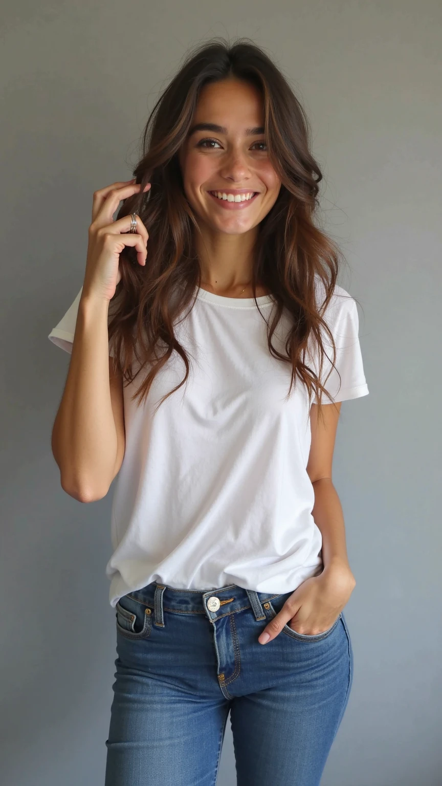 beautiful latin woman,  curly hair, standing straight facing forward,with white t-shirt, ripped denim jeans pants, on a greyish background, cotton t-shirt texture, fitted t-shirt, round neck, striped tights. Medium camera shot.