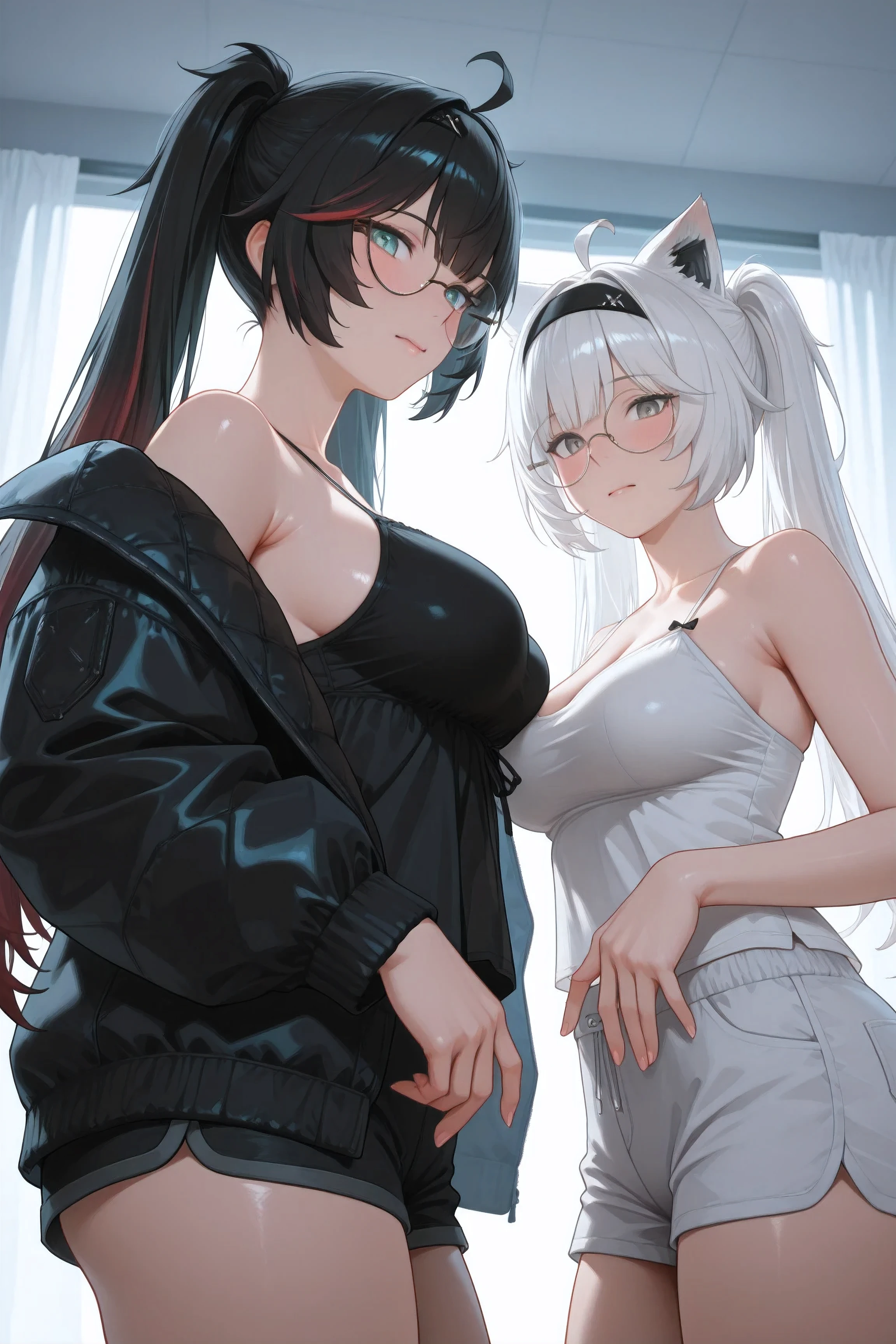 (NSFW:1.1), A Realistic image, extremely sharp focus, crisp details, high resolution, low light, cinematic lighting, 4K, 8K. 2girls, multiple. (correct anatomy and detailed hand). side view, low angle. a detailed, high quality rendering of  2girls. (Lucia: Plume wears beautiful, detailed round eyeglasses, wears string camisole, and shorts. She has a beautiful big breasts. she has a beautiful face details, a beautiful detailed aqua eyes, black hair, twintails, streaked hair, gradient hair, detailed hands, five fingers and a real human skin texture, her expression is embarrassed and she looks at the viewer). (No.21 wears beautiful, detailed round eyeglasses, wears string camisole, bomber jacket and shorts. She has a beautiful big breasts. has a beautiful face details, a beautiful detailed grey eyes, black hairband, ahoge, animal ears, white hair, detailed hands, five fingers and a real human skin texture, her expression is embarrassed and she looks at the viewer). Interior design. The background has highest detail, detailed background and depth of field.