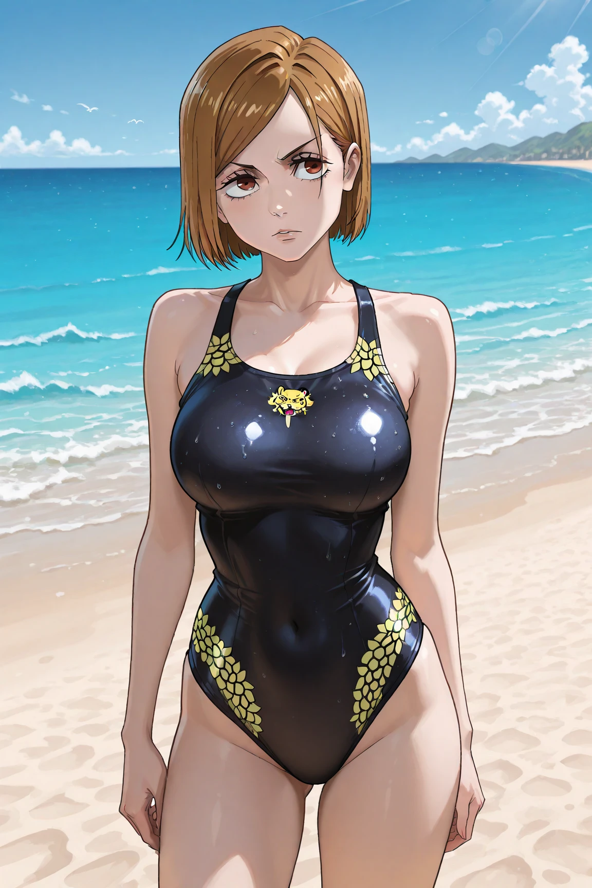 Nobara Kugisaki from Jujutsu Kaisen wearing a Power Girl costume、25-years old、large full breasts、Beautiful raw legs、Standing、Brown hair、short-hair、hight resolution、8k、Bite