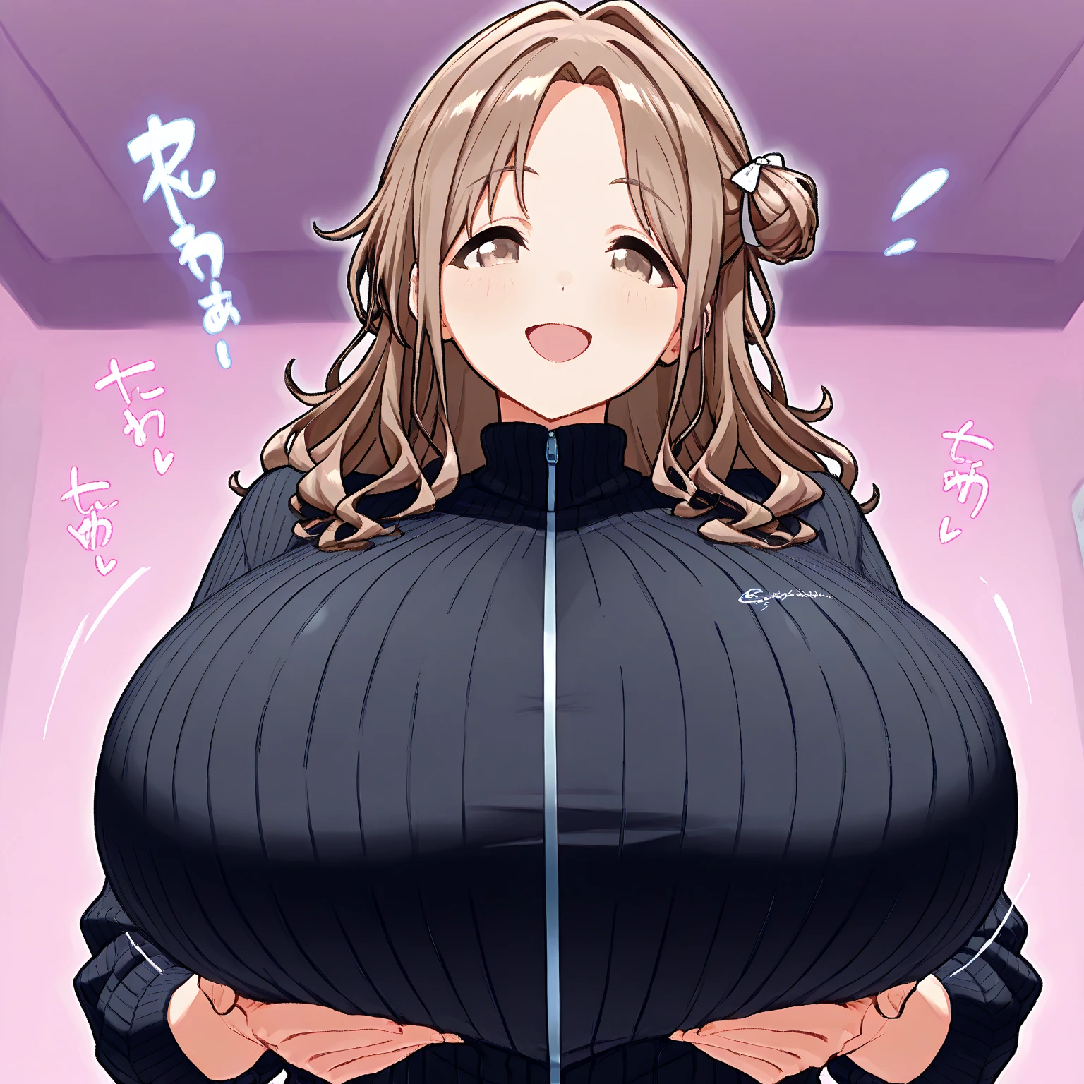 A Cute Young Girl, with (Lush, Medium Length Hair), ((Dark-Brown Hair)), (Big Beautiful Brown Eyes), Absolutely Enormous Breasts, Thick Thighs, and is Extremely Plump. Wearing an ((Off-white sweater)), a ((Cute Green Pleated Skirt)), and (Black Square Glasses, with a Thick Frames). Inside a Modern House, with wood paneling on the walls. Extremely Overinflated Breasts,