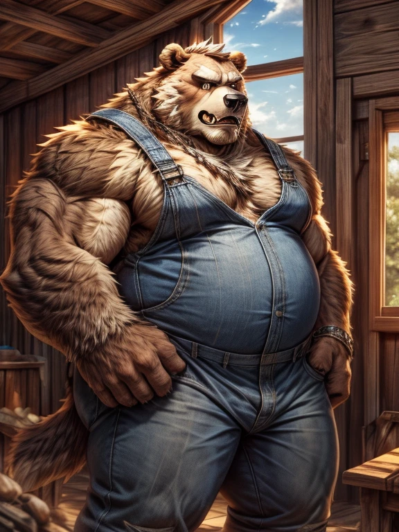 White cat,Fat uncle,male,Mature men,huge,strong,Bearded,Empty-handed fist,Blue Apron,night,lamp,Wooden house(Detailed background:1.2),High Detail, Film Photography, RAW Video, Practical, Analog style, best quality, ultra Practical, 8k, (through fiddler tarant),
