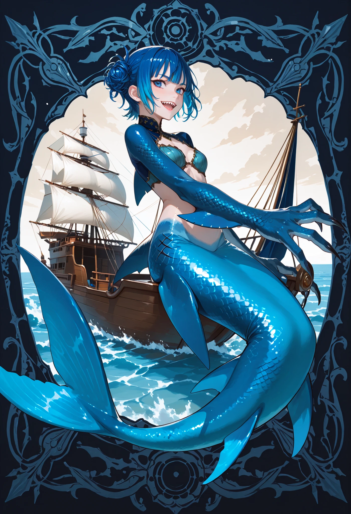 female, dolphin girl mermaid, dolphin lower half, spotted grey skin with freckles:1.4, long black hair, blue eyes, very large breasts, flippers at hips, long eyelashes, energetic, playful, boundless energy, leaping through waves, island port, sunny, blue waters, fantasy, medieval, close up, improvised clothing