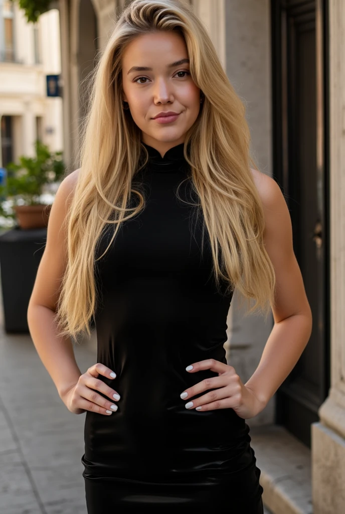 Girl 25 years old, European, long blond hair, blue eyes, deep gaze, measurements 95-60-60, ((Best Quality, 8k, Masterpiece: 1.3)), Full Body, Light Focus: 1.2, Outstanding Beauty Style: 1.4, Slim Abs: 1.2, ((Blond Hair, Large: 1.2)), (Night, Outdoor: 1.1), highly detailed skin and face texture, detailed eyes, double eyelids. wearing black dress, professional portrait