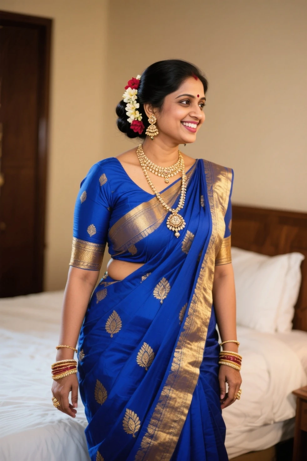 A radiant, full-figured plus sized South Indian 45 year old bride wearing a transparent blue colour silky saree standing hugging and kissing a 23 year old boy in a living room, , captured in a full-body image with vibrant hues and meticulous details. Full body image