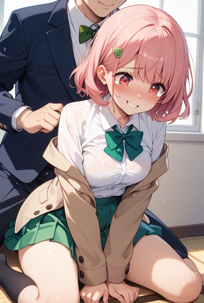 masterpiece, Highest quality, High resolution,(throw_hand grabbing chest),,One girl, One boy,Age difference,bow tie,Blonde,chest,Long Hair,Pink Hair,pleated skirt,Tucked in shirt,short hair,skirt,smile,Tent shirt,amusement_garden,breasts grab,腕をつかむ女の子
