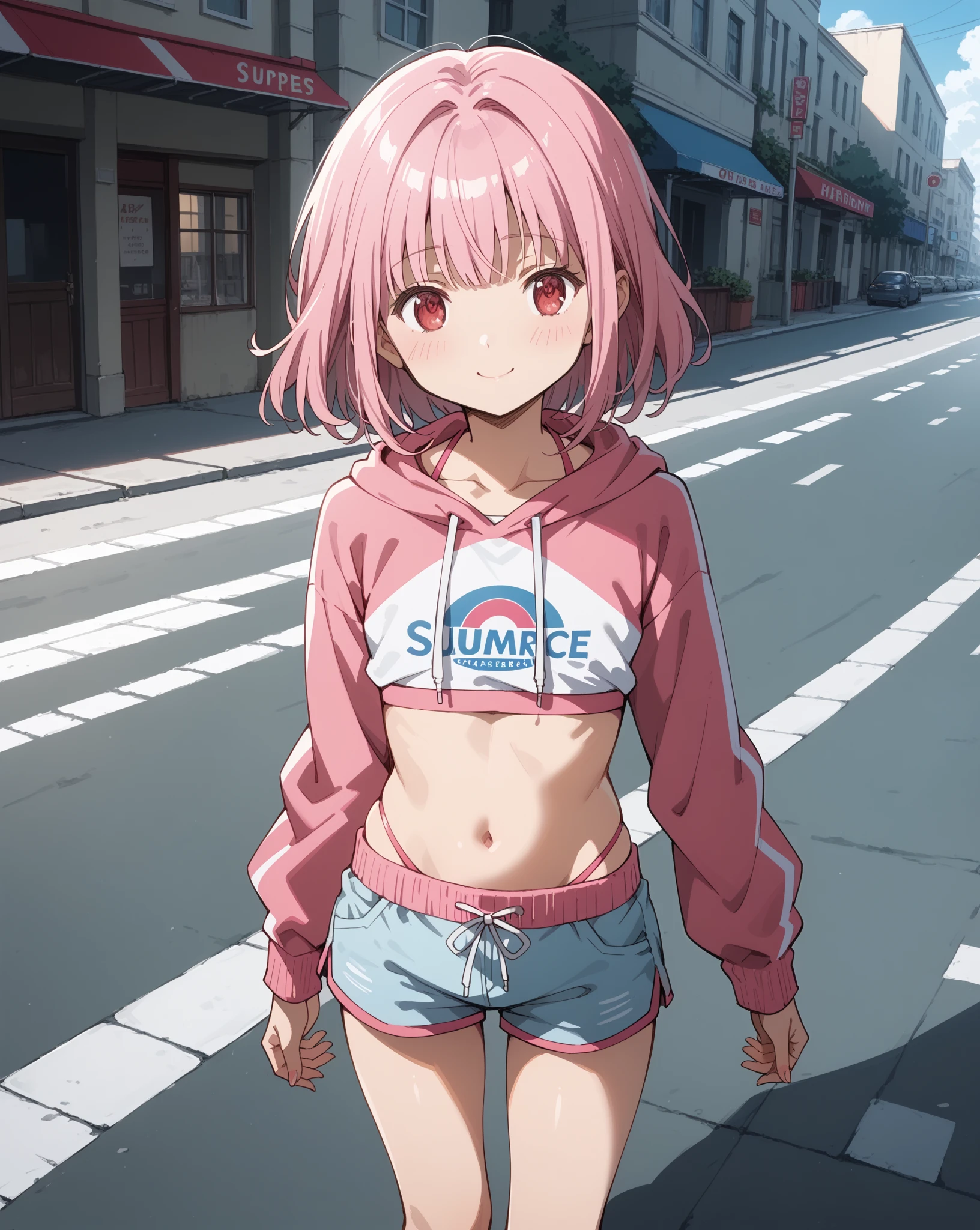 masutepiece,1girl in,22age、Solo,Bery short hair、,The bikini、
Pink hair,Hoodie,off shoulders:1.2, mob cap, Street,put hands on the hip, hands on pockets,