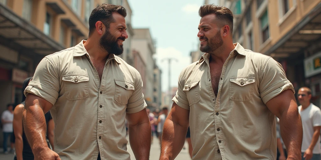 2 muscular men, poilus et barbus de 20 ans, d'different appearance, short shaved head haircut, in Rome as a background, ciel bleu clair