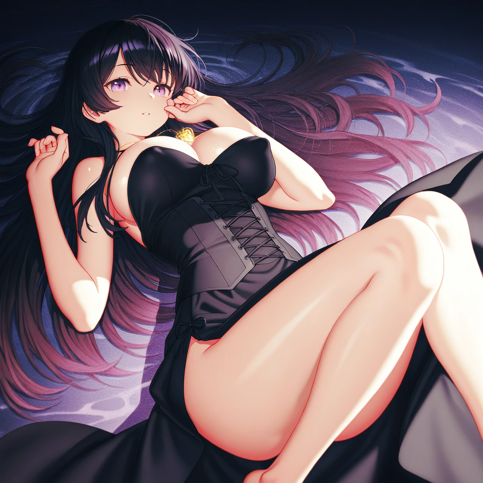 A beautiful woman with long purple hbright air, sexy dress, detailed facial features, high quality, photorealistic, cinematic lighting, dramatic colors, Put on a few pieces of mat.,big breasts,beach,red jewelry