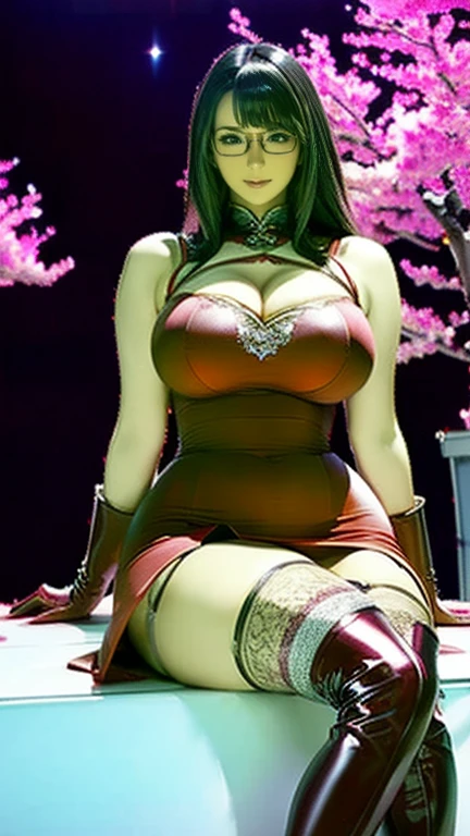 (masterpiece, best quality, 4k, detailed, intricate),atmospheric lighting, beautiful face, (detailed face) score_9, score_8_up, score_7_up, score_6_up, uncensored, tifa lockhart black hair, sidelock, white hairband, red eyes, BREAK (masterpiece:1.2), best quality, high resolution, (detailed eyes:1.3), perfect lighting, (perfect hands, perfect anatomy), large breasts, One beautiful woman, (kimono), bare shoulder, obi, crossed leg sitting, facing viewer, tori, blossoms, autumn, fog, hand support,