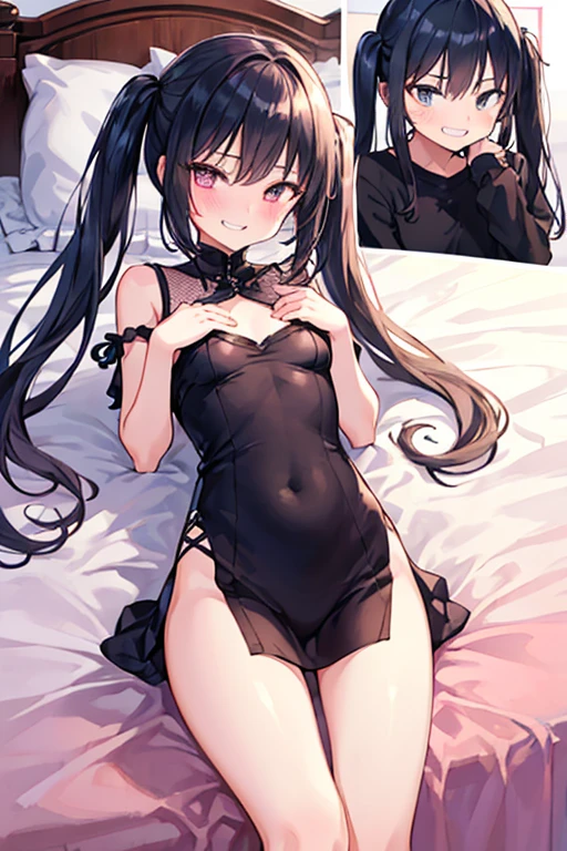 4K,animesque, Little pretty girl, Loribic Pose, Done, Feelings, bed sheet, are flat、Uneven chest、No valley、Young body、(Bunny Girl:1.5),(Black Playboy Bunny:1.0),