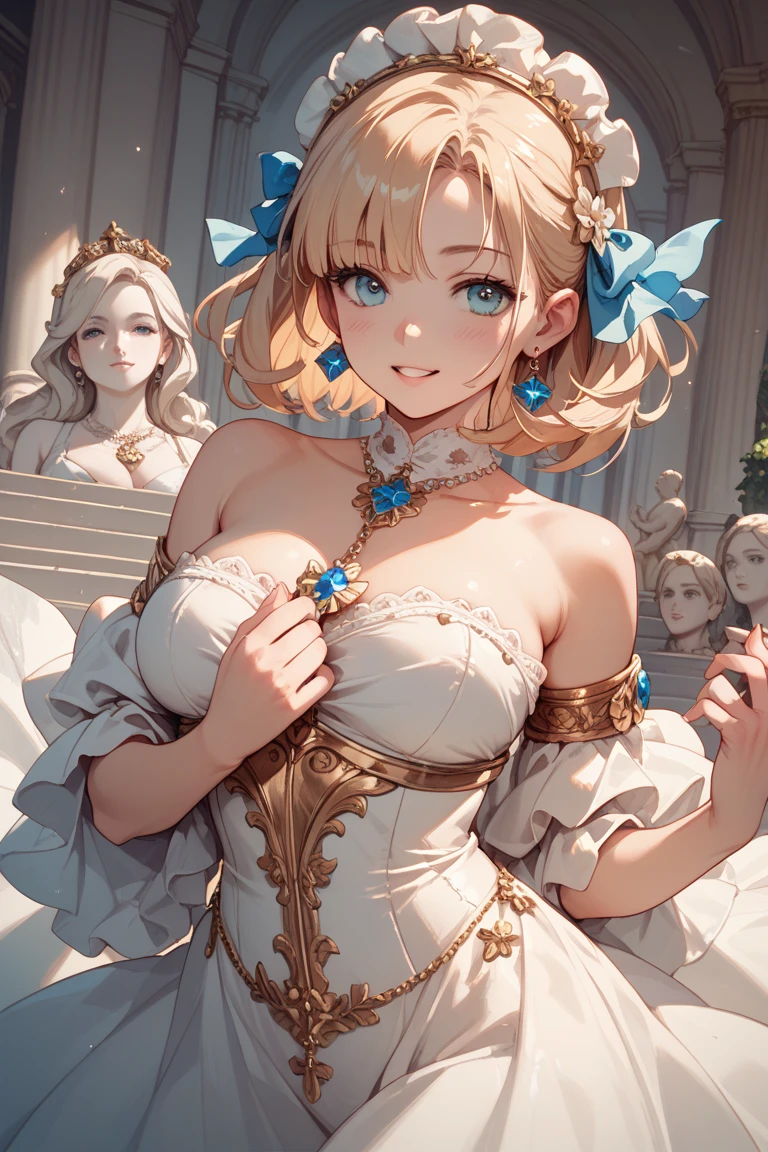 (miniature woman on a platform below the breasts and face of a giantess girl: 1.3), (crowds of people from above on a platform below the breasts of a giantess: 1.1), (miniature woman in front of a giantess looking down on them), closeup breasts and face, (from below view: 1.2), (indoors: 1.1), (2girls: 1.5), (height difference: 1.9), (size difference: 1.3), (mature adult woman: 1.3), (yuri: 1.2), (light blonde hair), buns hairstyle, messy hair, straight fringe, two long bang, yellow eyes, (noblewoman: 1.1), royal dress, navel, bra, big chest and breasts