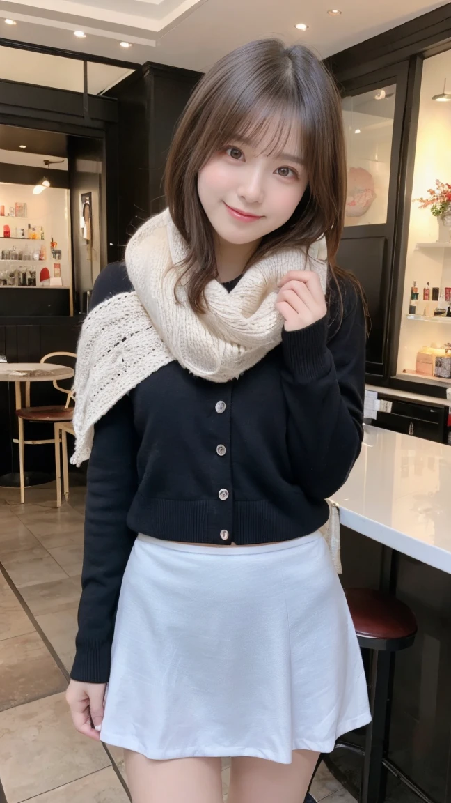  N.F.S.W.、highest quality、disorganized、super detailed、finely、High resolution、8k wallpaper、perfect dynamic composition、beautiful and fine eyes、Gorgeous knit Korean winter clothes、skirt、(skirtをたくし上げる)、(Show lace panties)、medium hair、bangs、big breasts、Scarf、natural color lip、bold sexy pose、smile、Cafe、Japanese、15 year old girl、cute、sexy shot looking at camera、Always blur the background、perfect and beautiful face,Take only the face、beautiful and detailed face、slim face and style