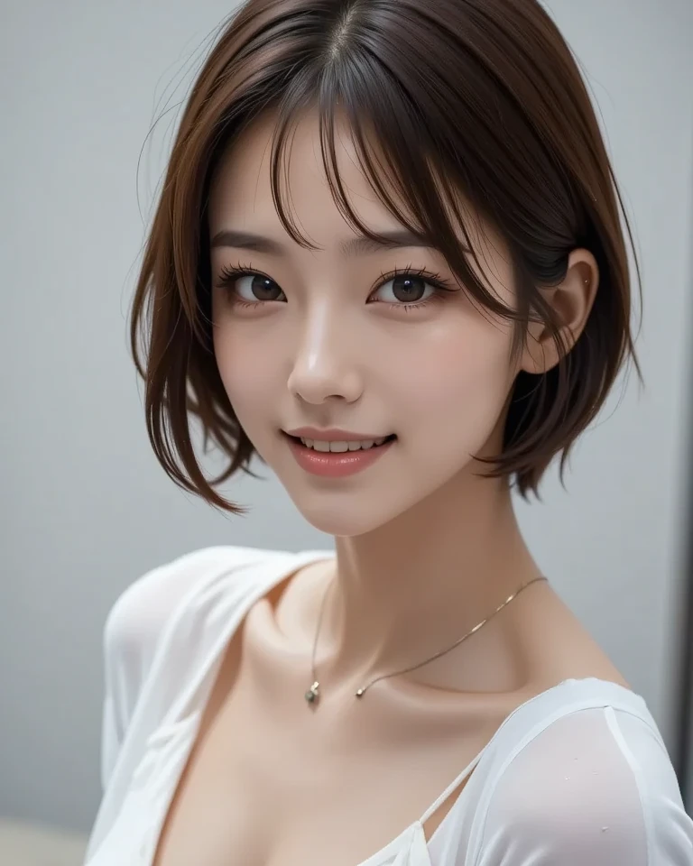blush a little and smile, (Top quality masterpiece:1.2) Delicate illustrations, Very detailed, /Beautiful Japanese Women、1 person,Very cute and slim、Great style 、((8K images、super high quality))、Very delicate face, Skin and Hair、beautifule forehead、Red lipstick、(((((short hair、Blonde、lure))))),Very cute Japanese cut face、Eyes and nose are clearly visible、Kind eyes,((((Sleeveless fashion))))
