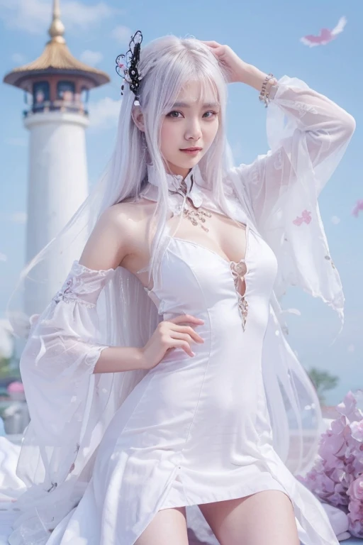 (Highest quality, 32k, High resolution, Masterpiece:1.5, ), marimo_jet, god々A photograph with brilliant dazzling and healing power., Evoking a sense of calm and elusive beauty, Expressing emotions, Have a rich imagination,Beautiful Japanese Girls, An exceptionally beautiful face, Small Face Beauty, Perfect Human Anatomy, Magical big eyes, Motherhood and generosity, Deep Love, A fleeting smile, ((Colorfully shining platinum white hair:1.1)), ((Super Long Straight Silk Hair)), Flower Hair Ornaments, Asymmetrical bangs, Hair between the eyes, Transparent, soft white skin, Sharp eyebrows, Thin lashes, Natural Makeup, Cheek highlighter, Pale pink detailed lips, , ((White dress:1.2)), ((Holding a bouquet of blue roses in both hands:1.2)), High resolutionの完璧な鎖骨, High resolutionの美しい胸元, Slim figure with ample breasts, High resolutionの美しい太もも, ((Detailed blue sky background:1.3)), ((Beautiful detailed rainbow:1.1)), Dazzling sunlight, Backlight, Professional Lighting, Professional photographer, Professional models, god秘的