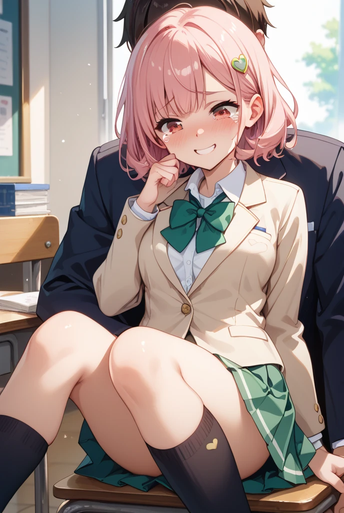 nsfw,cherry blossom cream, Primary school students、8-year-old with short hair, ribbon, Green Eyes, hair ribbon, Pink Hair, Ahoge,
, shirt, white shirt, collared shirt, Jacket, Long sleeve, Captivating smile,masterpiece,Noise Reduction,Perfect ???????,High resolution, Very detailed,Game CG,Beautiful attention to detail,Visual Arts,                                 
                                 1girl、(crowd)、 Cowboy Shot、(Pussy、pussy)、(from below),（arms behind back）、Hands folded behind your back、Sit on a chair、Spread your legs、(White panties),(embarrassed,angry)、
